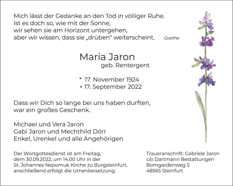 Gedenkseite Für Maria Jaron Bestattungsinstitut Dartmann